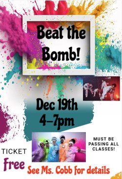 Beat the Bomb! a team of 5 people in splattered with purple, green, blue, orange and pink paint, foam and slime.