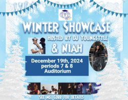 Two snowy trees on the sides with a snowy garland at the top around the title Winter Showcase with pictures of DJ YoungStyle and Niah